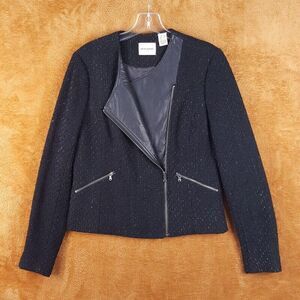 DKNY Womens Jacket Small Black Moto Wool Blend Silver Shimmer Zip Up Dressy